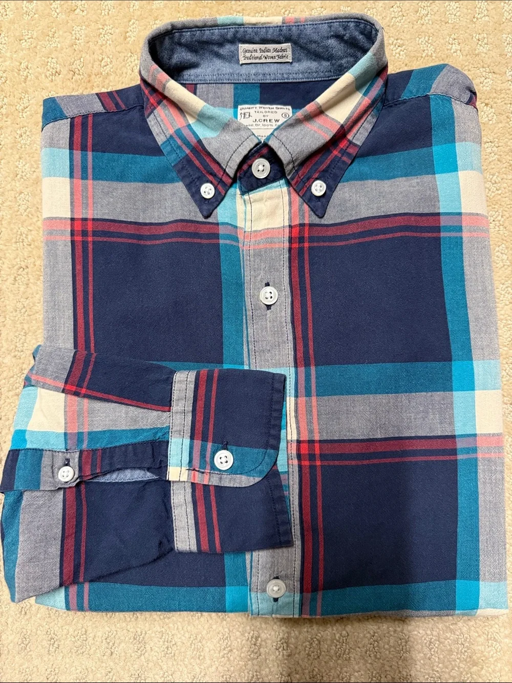 J. Crew Navy, Teal & Red Plaid Button-Down Shirt